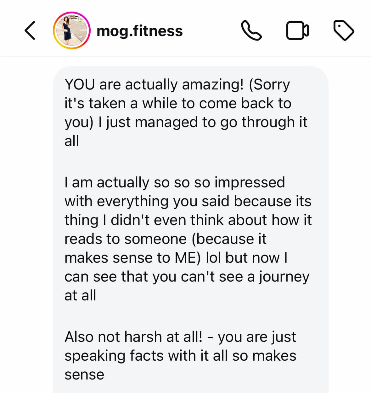 Mog fitness feedback to free brand audit saying how impressed she is ging through her branding