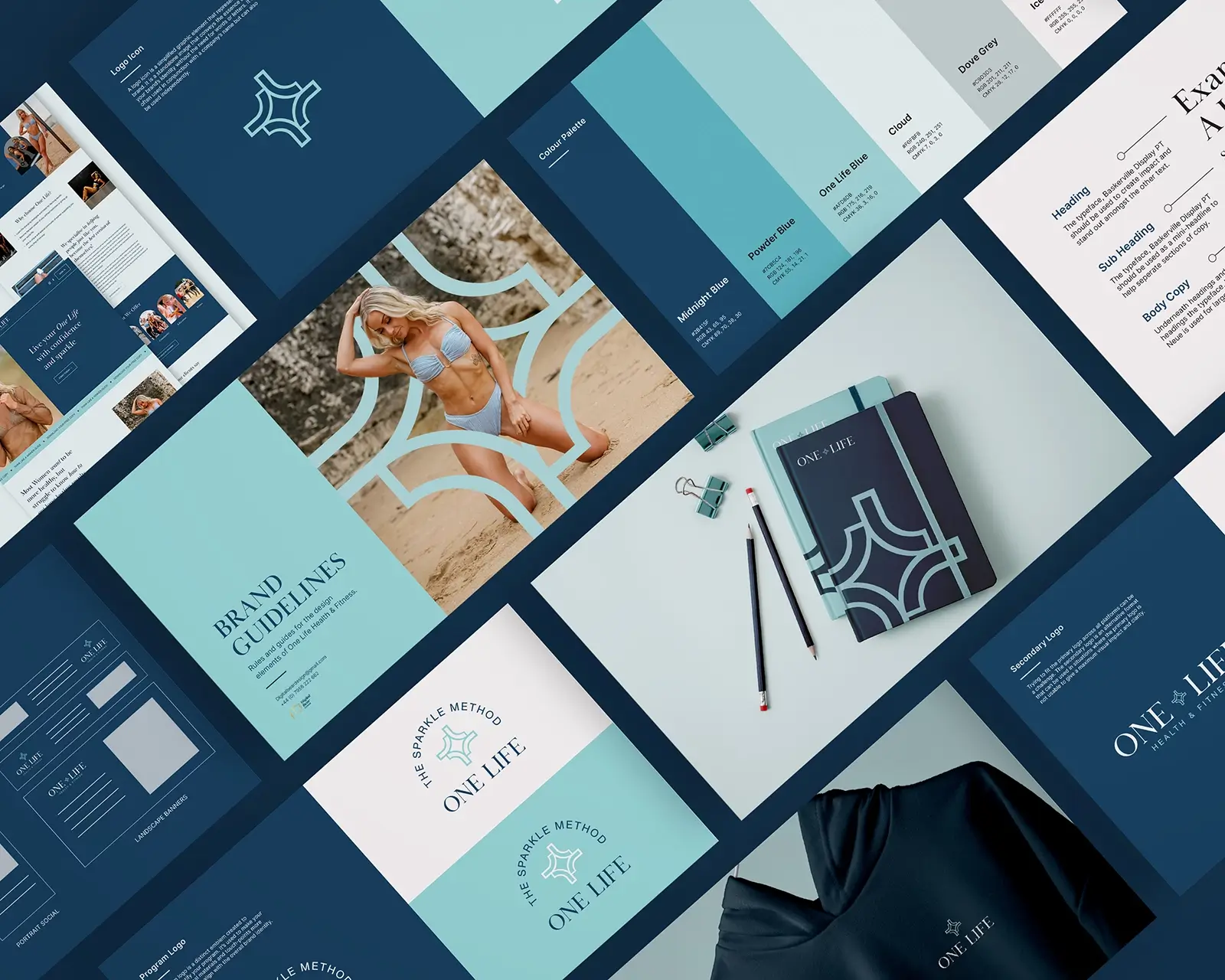 One Life female fitness coaching branding with blue colour palette and serif fonts