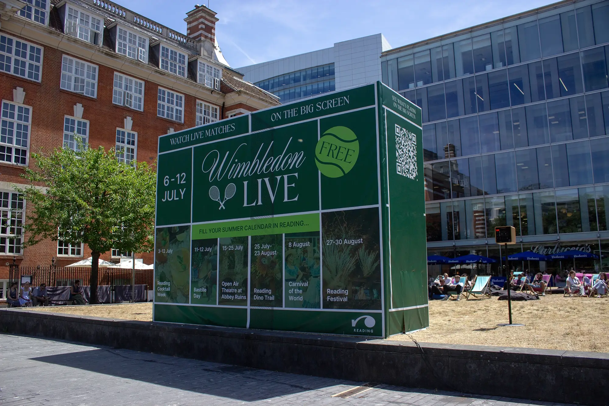 Outdoor Wimbledon Live event screen in Reading designed by a local Reading design agency.